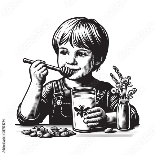 Engraved portrait of a child enjoying almond milk with honey indulgence