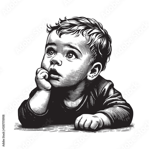 Engraved portrayal of an infant captivated by something unseen above