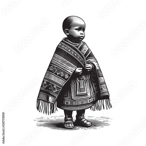 Engraved portrayal of a child adorned in Basotho heritage blanket attire