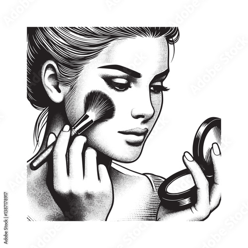 Engraved portrait of a woman applying blush for a flawless makeup look