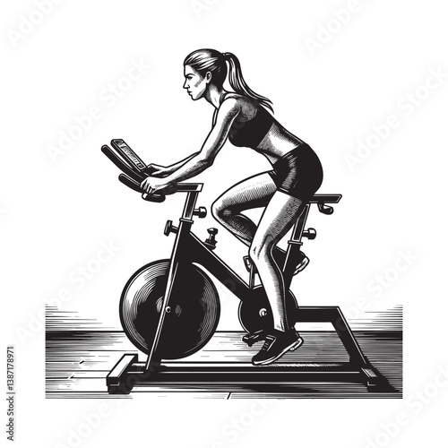 Engraved woman exercising cardio on indoor cycling bike with monochrome aesthetic