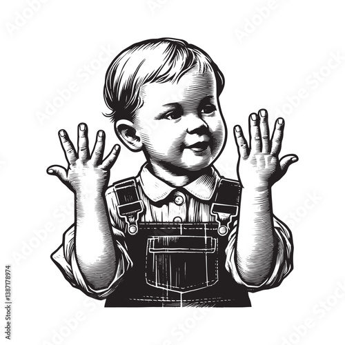 Engraved toddler with clean nails showcasing hygiene in woodcut drawing