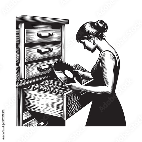 Engraving illustration depicting a woman selecting a vinyl record from storage
