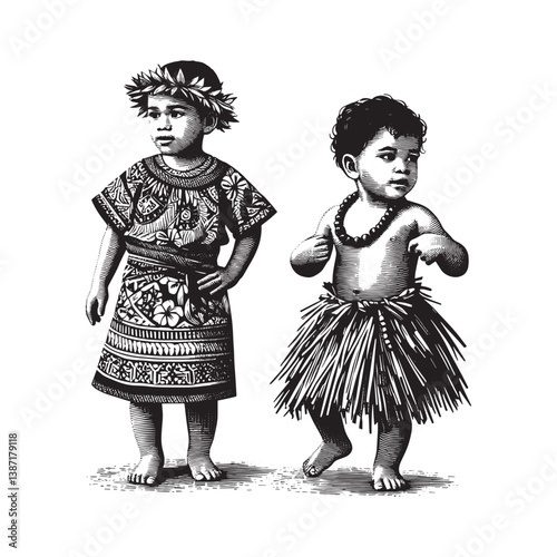 Engraving style illustration of two children wearing traditional Samoan attire