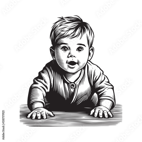 Engraving style illustration of a baby crawling with curious expression