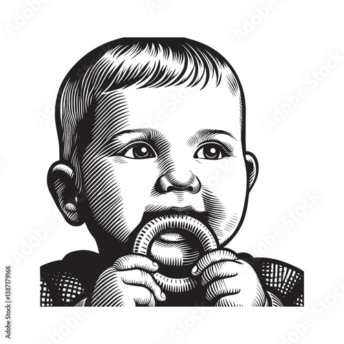 Engraving style portrait of a baby chewing on a teething ring isolated on white
