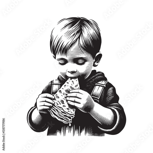 Engraving style portrait of a young boy savoring a stack of dripping crepes