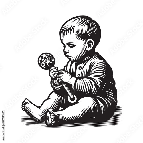 Engrossed infant playing with a vintage rattle rendered in woodcut style