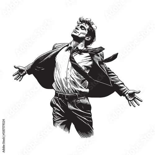 Euphoric man embracing freedom in a detailed and stylistic woodcut drawing
