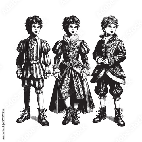 Ethereal monochrome fairytale-themed child fashion illustrations in woodcut style