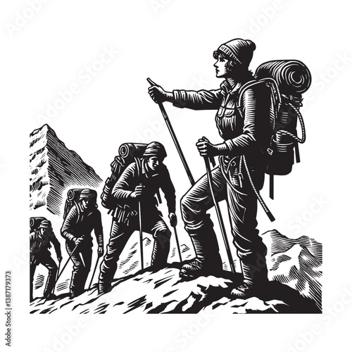 Expedition leader guiding mountaineering team to a challenging snowy peak adventure