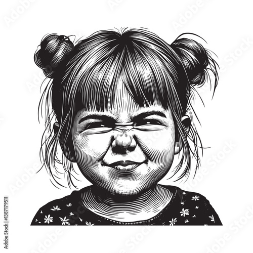 Expressive woodcut illustration of a young girl making a funny face