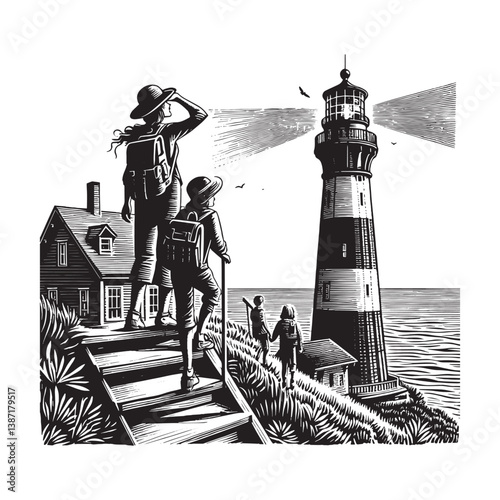 Family adventure exploring a historic lighthouse with stunning ocean vista