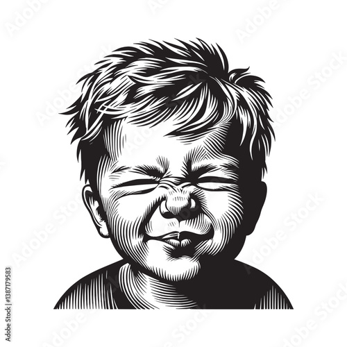 Expressive young boy scrunches his face in playful wooden engraved art style