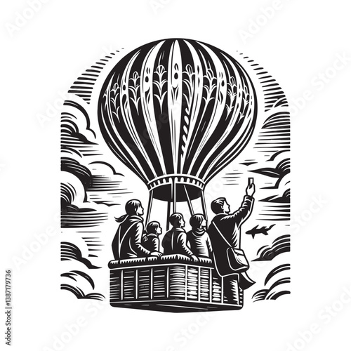 Family,s aerial adventure a scenic hot air balloon ride together in woodcut style