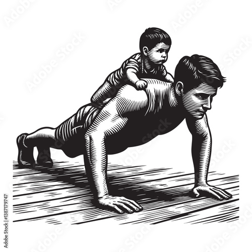 Fatherhood fitness featuring a parent doing pushups with child on back