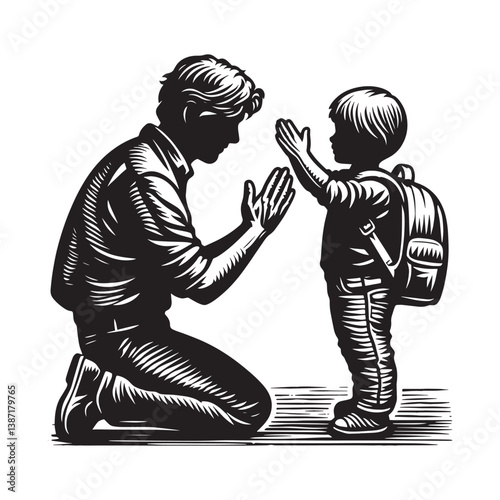 Father-child bonding moment portrayed in monochrome woodcut style illustration