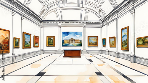 Visiting Art Museum with Paintings Displayed on Walls in Hallway