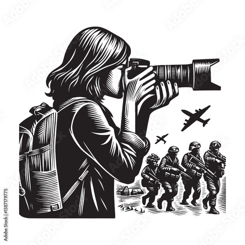 Female photojournalist documenting wartime conflict zones using her camera
