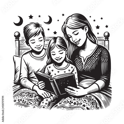 Family sharing bedtime stories with children in woodcut drawing style