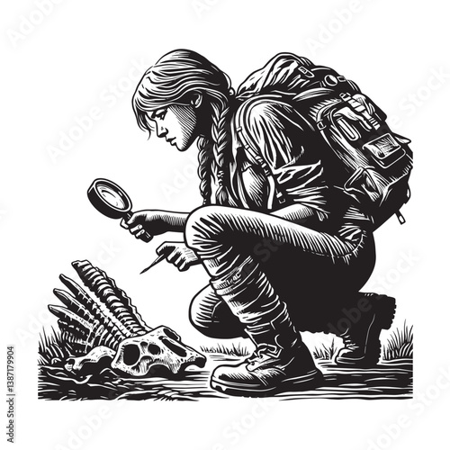 Focused archaeologist examining fossil specimen with magnifying glass and precision tool