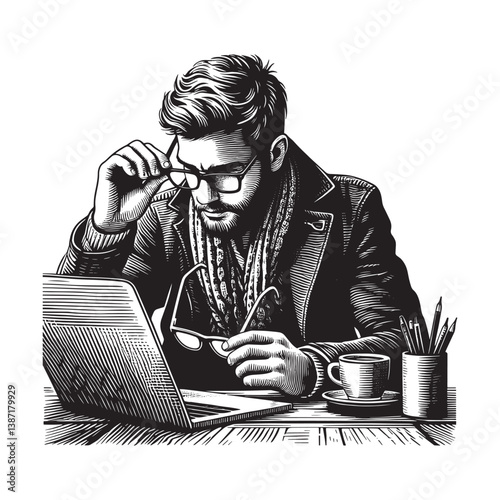 Focused professional adjusting glasses while working remotely at a café