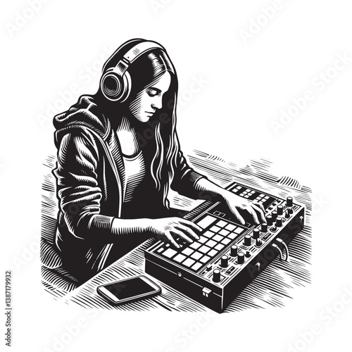 Focused woman creating electronic music on a beat machine with woodcut styling
