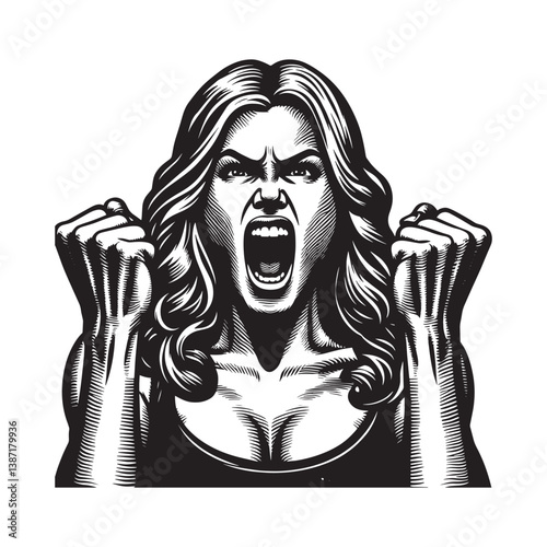 Furious woman shouting with clenched fists in a woodcut drawing style