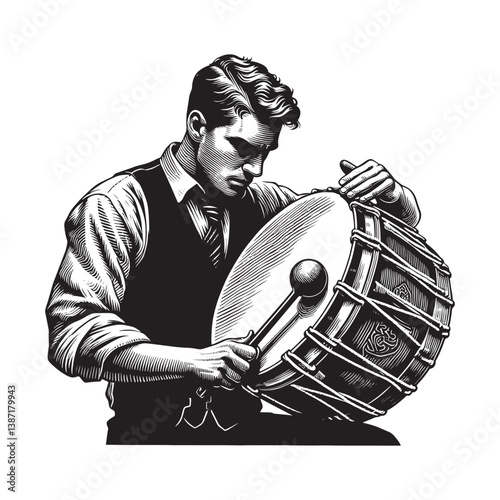 Focused musician playing traditional Irish bodhrán with great concentration
