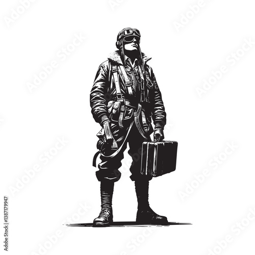 Full-length view of a man dressed in vintage aviator gear drawing style