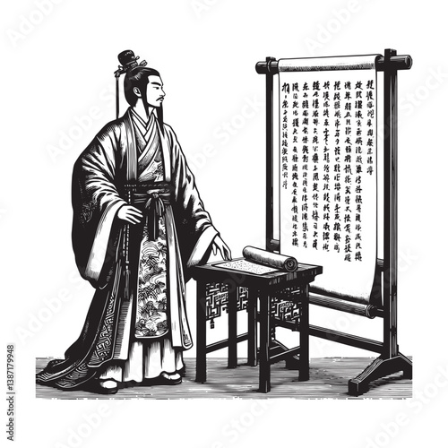 Full length view of a man donning chinese hanfu robes with bamboo scroll art