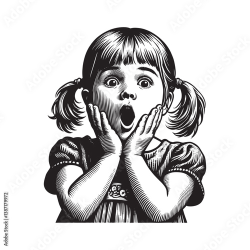 Girl in woodcut style illustration expressing surprise with open mouth