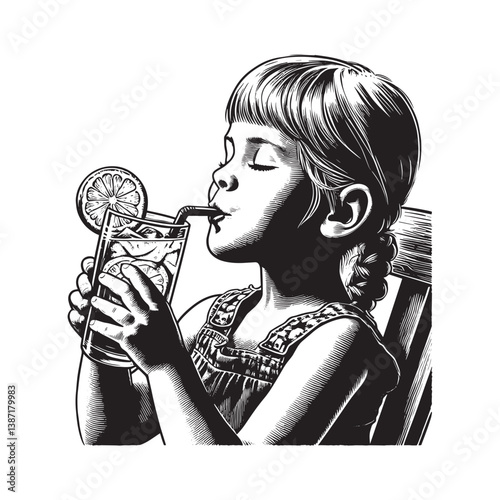 Girl enjoys refreshing lemonade in a detailed woodcut illustration style