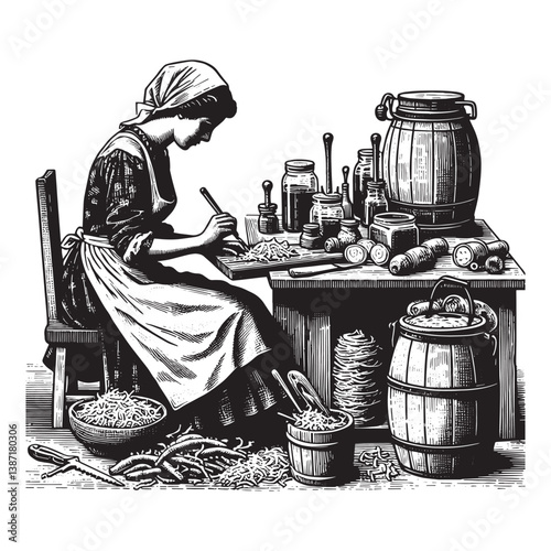 Handcrafted sauerkraut creation in vintage German kitchen setting woodcut style