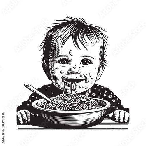 Happy spaghetti mess baby in monochrome woodcut, a joyous food adventure