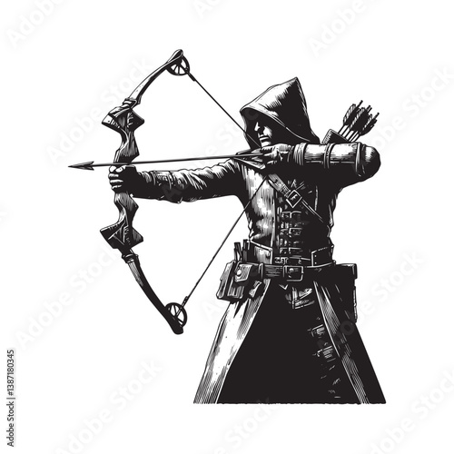 Hooded archer drawing arrow in realistic monochrome woodcut style art