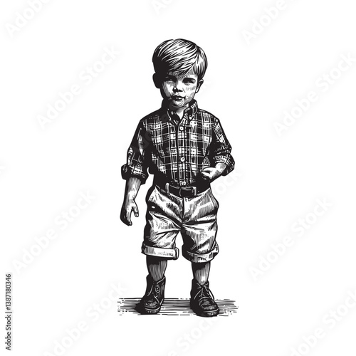 Hand-drawn woodcut illustration of a confident young boy in casual attire