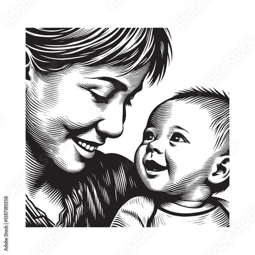 Heartwarming embrace a realistic woodcut drawing of maternal love and baby joy