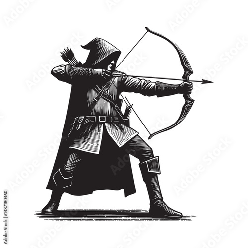 Hooded archer drawing aiming with bow in classic woodcut style illustration