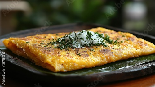 Savory, golden-hued omelet, topped with a sprinkle of white seasoning and fresh herbs, rests on a wooden platter photo