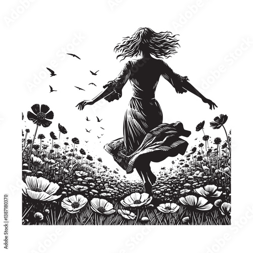Harmonious dance of freedom in a serene flower field at twilight hour