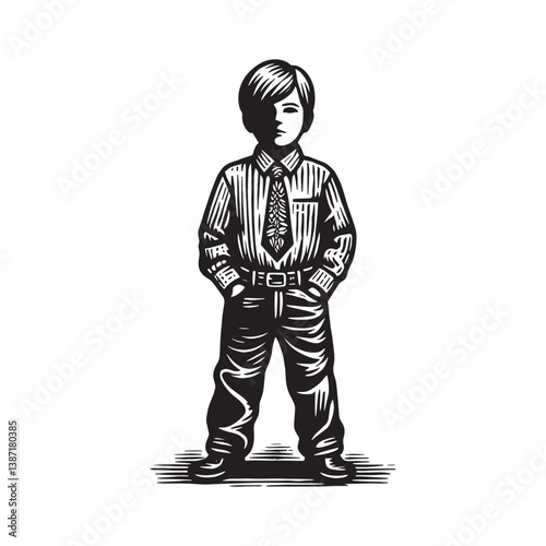 Illustrated boy in formal wear with confident pose and shaded face portrait