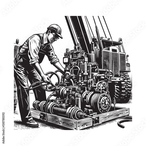 Hydraulic machinery technician maintaining construction vehicle system precisely