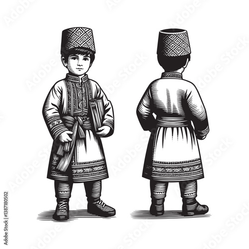 Illustration of Young Boy Dressed in Armenian Traditional Taraz Outfit Style