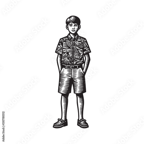 Illustrative boy portrait in casual summer style with woodcut line art