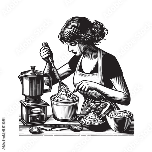 Illustrative artwork depicting a woman preparing a creamy coffee beverage at home