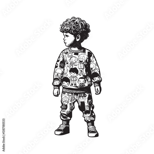 Illustrative child depiction wearing cartoon character printed streetwear set