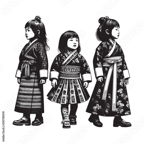 Illustrative Bhutanese children in traditional attire monochrome woodcut style