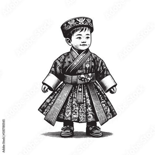 Illustrative depiction of a child adorned in Bhutanese traditional clothing