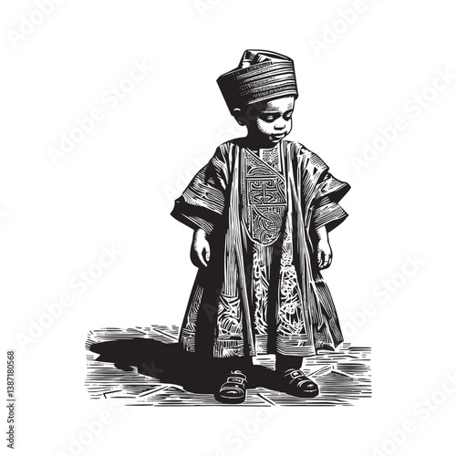Illustrative depiction of a young boy in traditional Agbada attire stylized woodcut